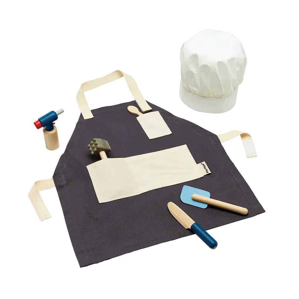 PlanToys Chef Play Set with colorful toy kitchen utensils and accessories for imaginative play and culinary role-playing.