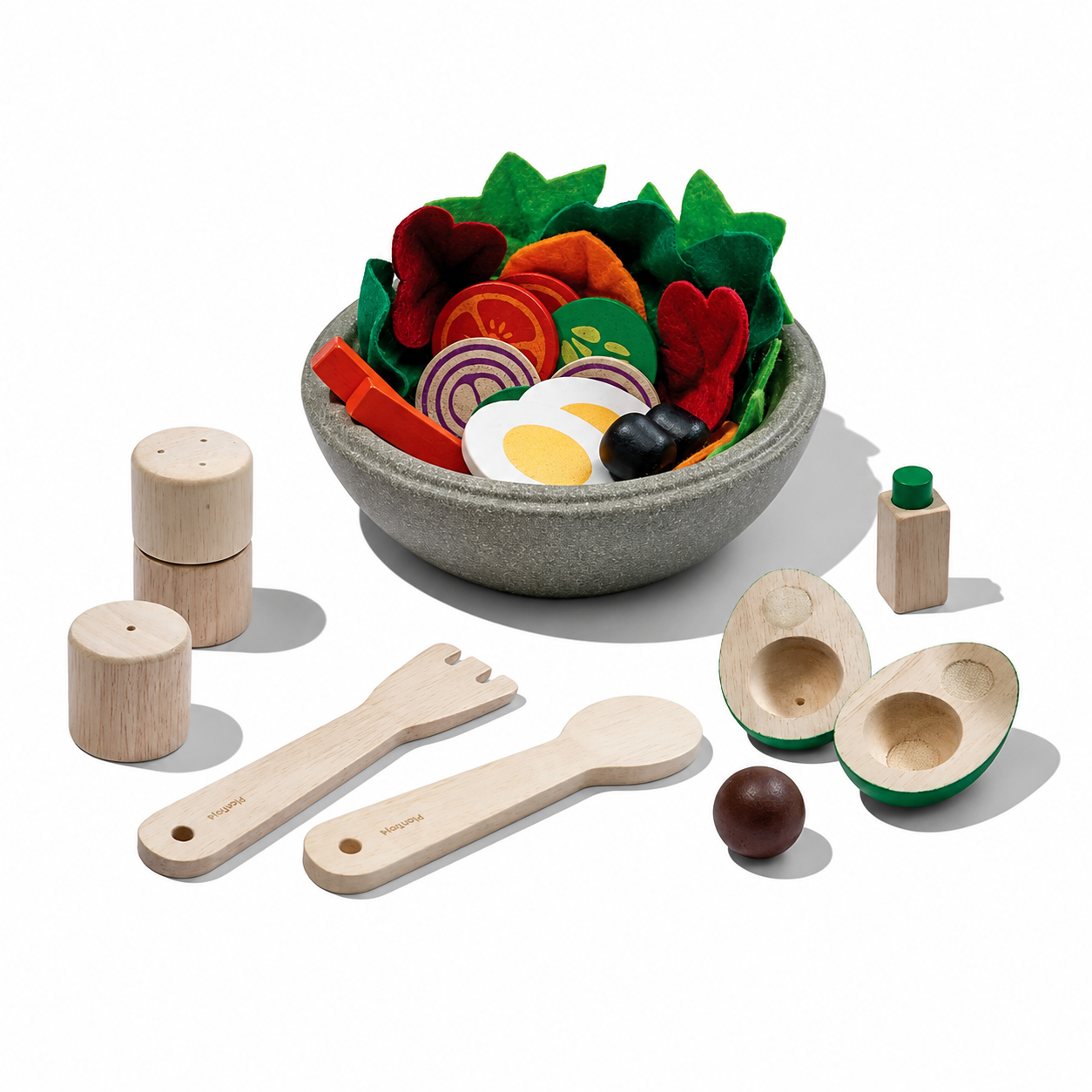 PlanToys wooden salad set with colorful bowls, utensils, and play food items on a white background.