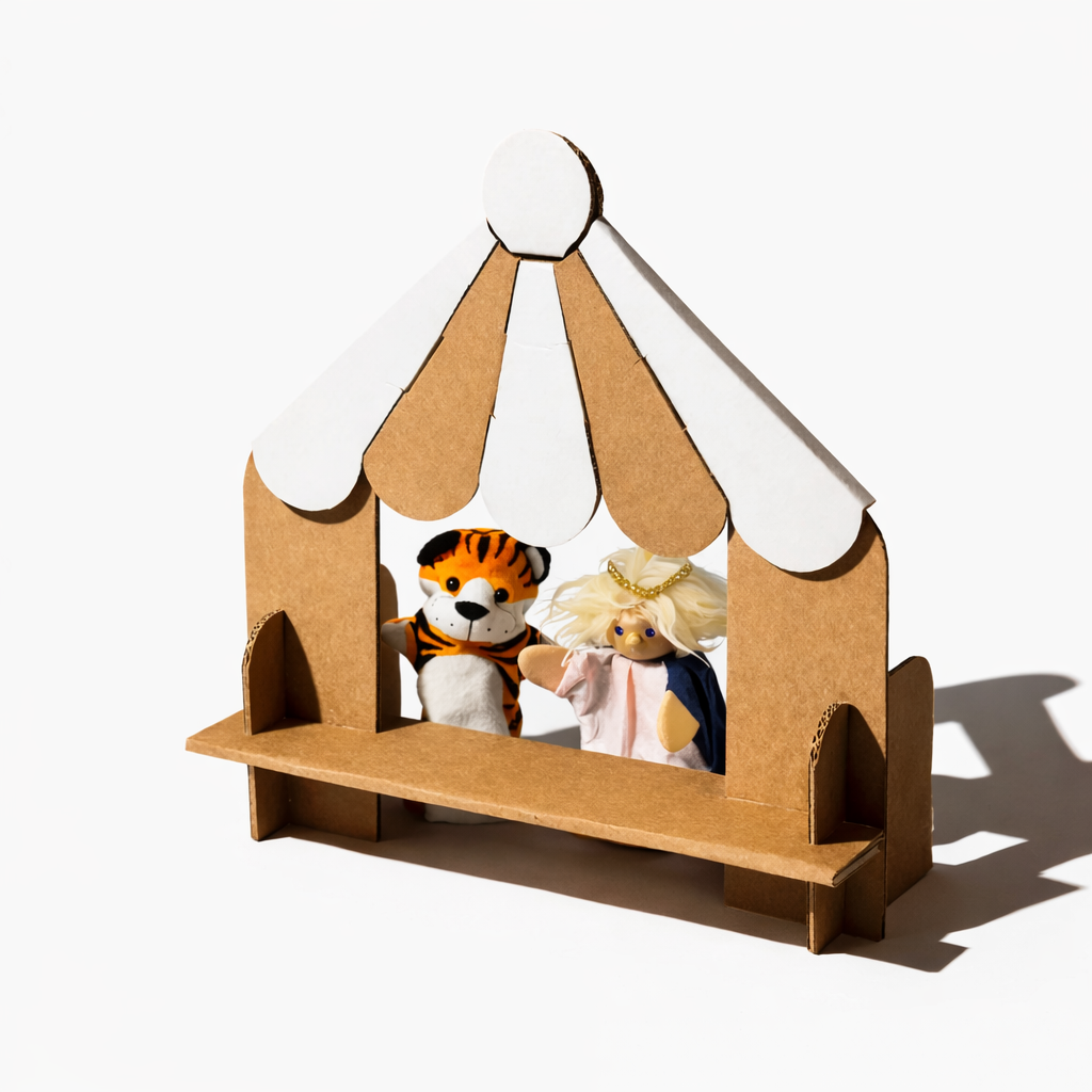 Puppet Theatre Coucou by Papperlapapp featuring colorful fabric curtains and wooden frame for children's puppet shows.