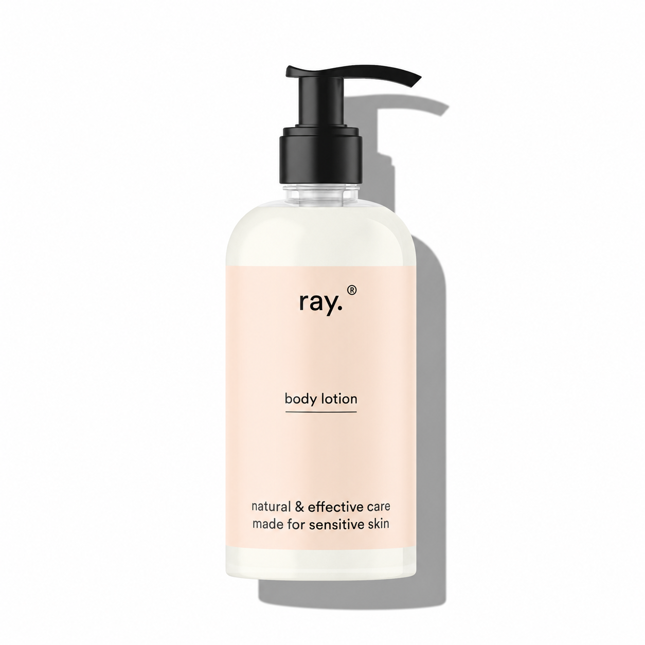 Ray body lotion bottle with pump dispenser, creamy texture visible, designed for nourishing and moisturizing skin.