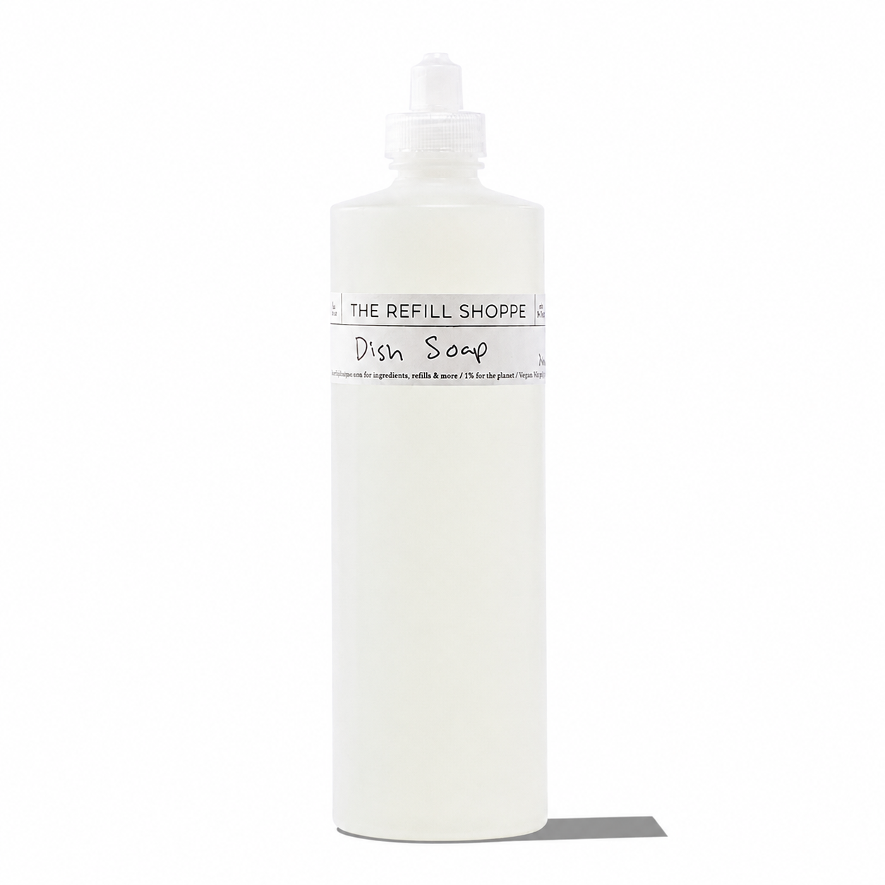 Gentle Dish Soap from The Refill Shoppe for effective home cleaning, featuring a clear bottle with green liquid dish soap.