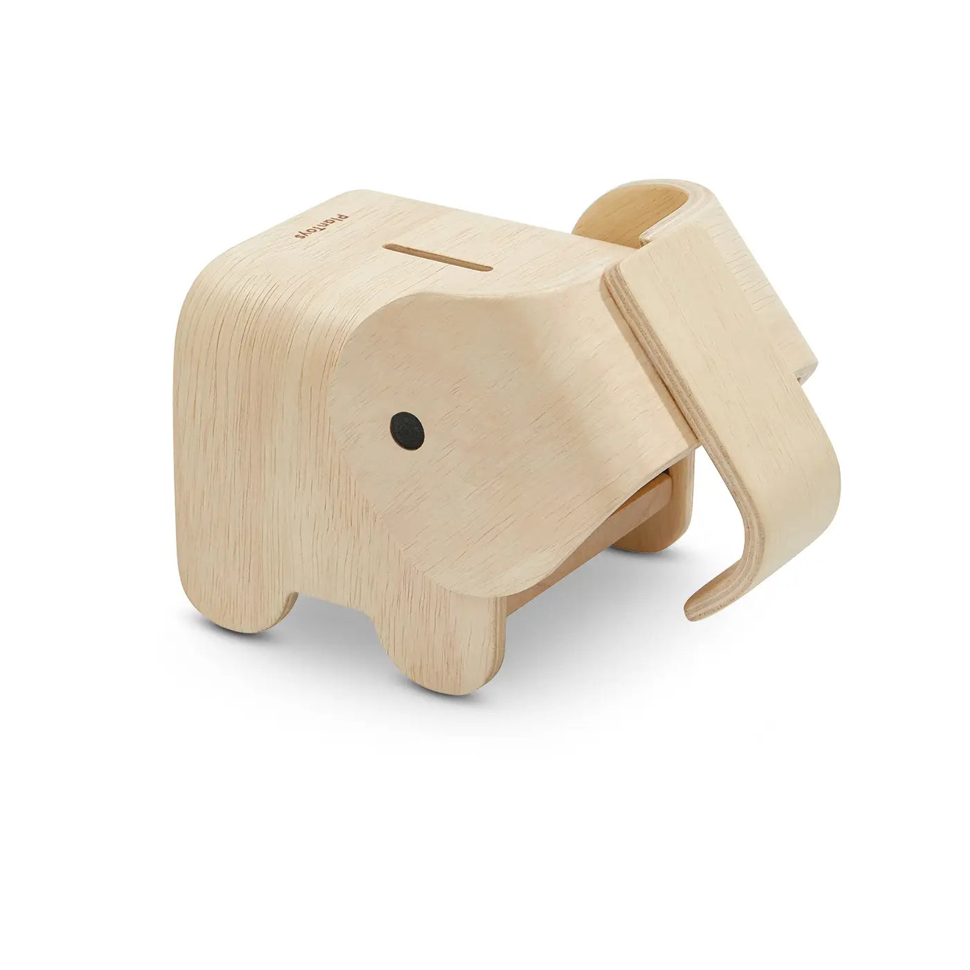 PlanToys elephant bank made of eco-friendly wood, featuring a cute elephant design with a coin slot on its back for saving money.