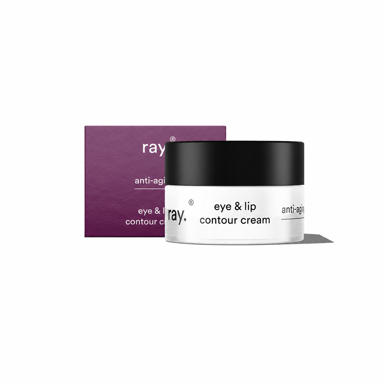 Ray anti-aging eye and lip contour cream jar showing the cream inside and sleek packaging on a white background.