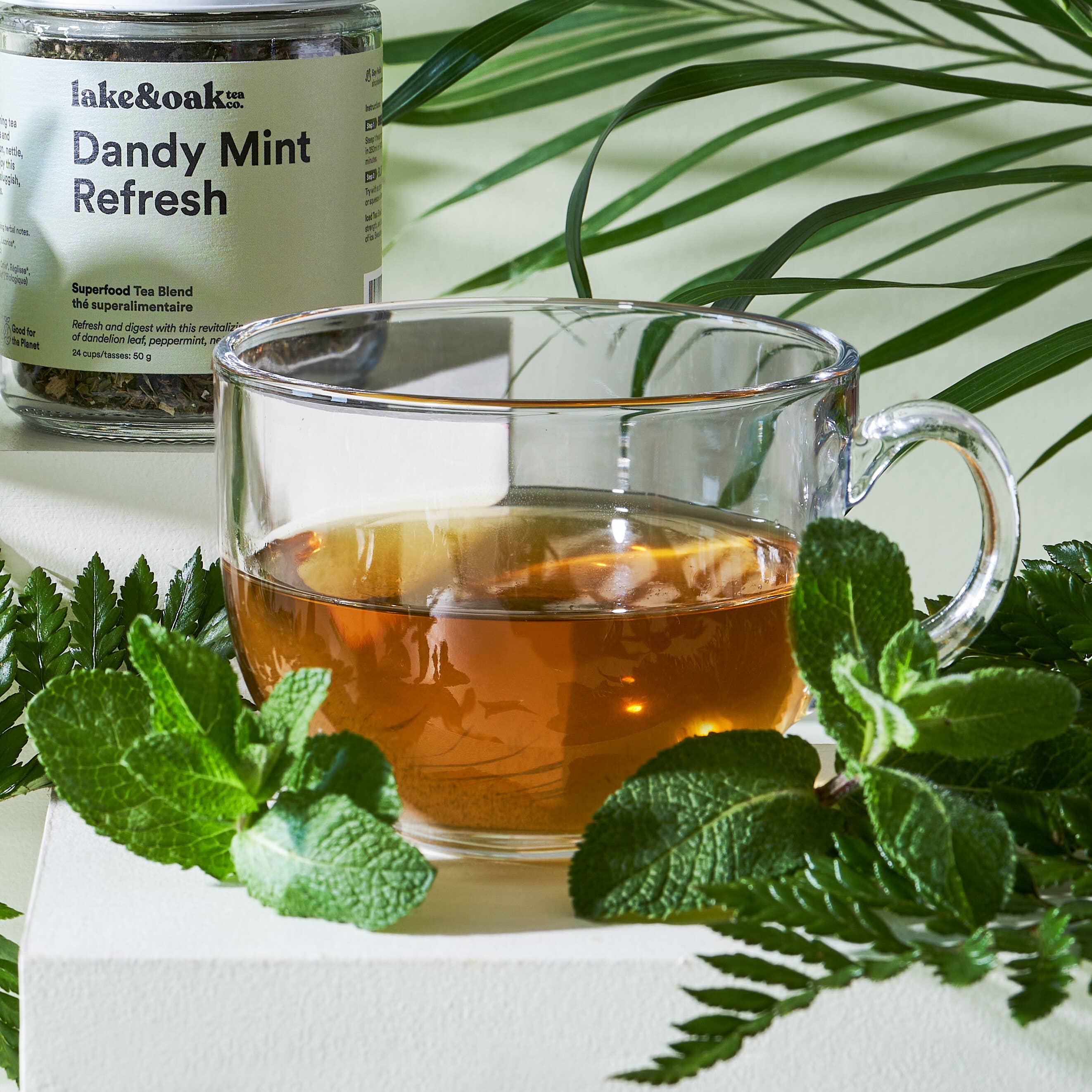 Cup of Dandy Mint Refresh tea by Lake & Oak Tea Co. with fresh mint leaves and brewed tea in a clear glass mug.