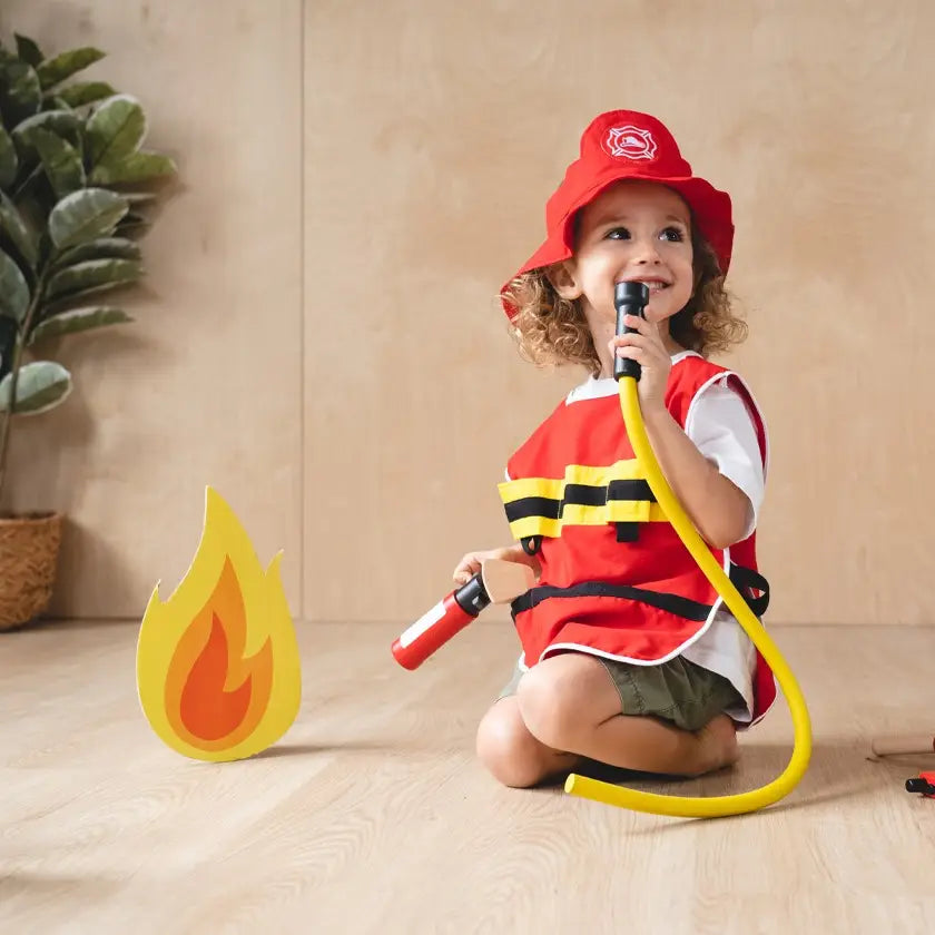 PlanToys Fire Fighter Play Set with firefighter figure, helmet, and accessories for imaginative play.