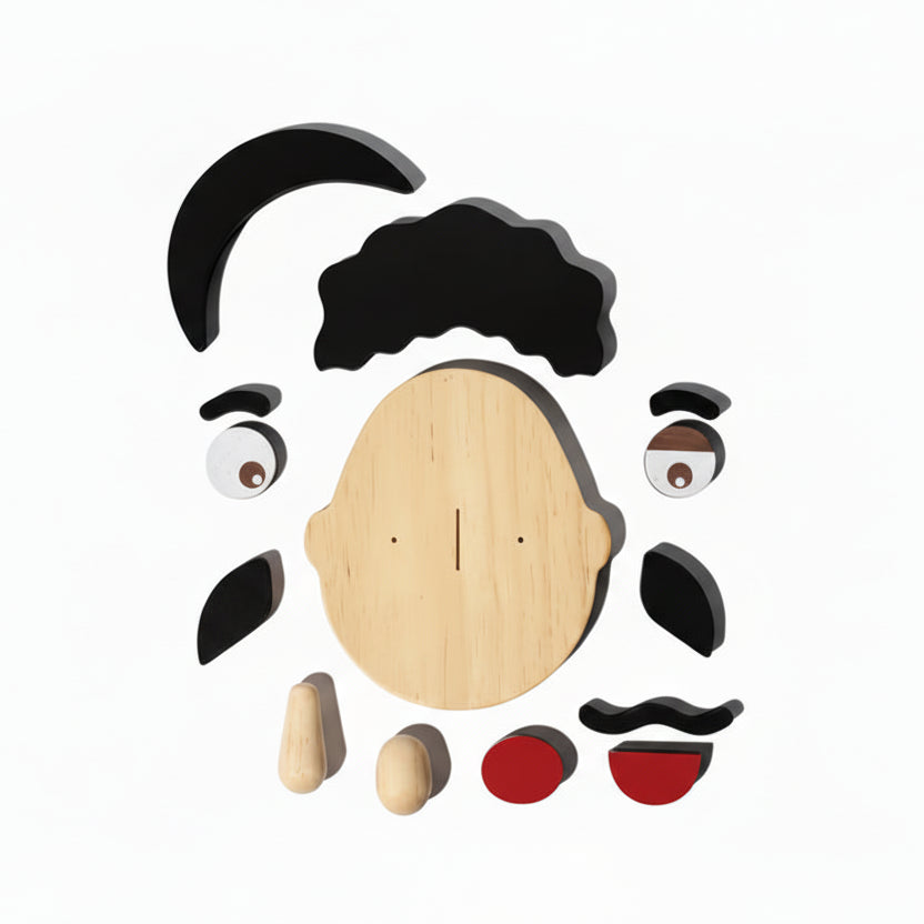 Mini Build A Face toy by PlanToys featuring colorful wooden facial features for creative play and imaginative expression.