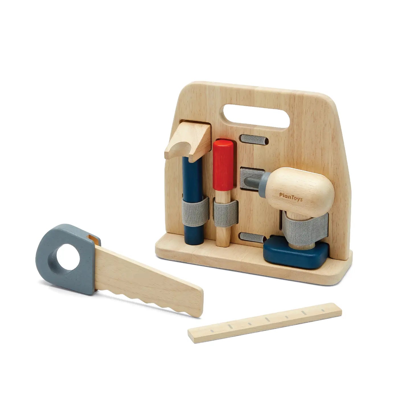 PlanToys Handy Carpenter Play Set with wooden tools, hammer, saw, and screwdriver for imaginative kids' play and construction fun.