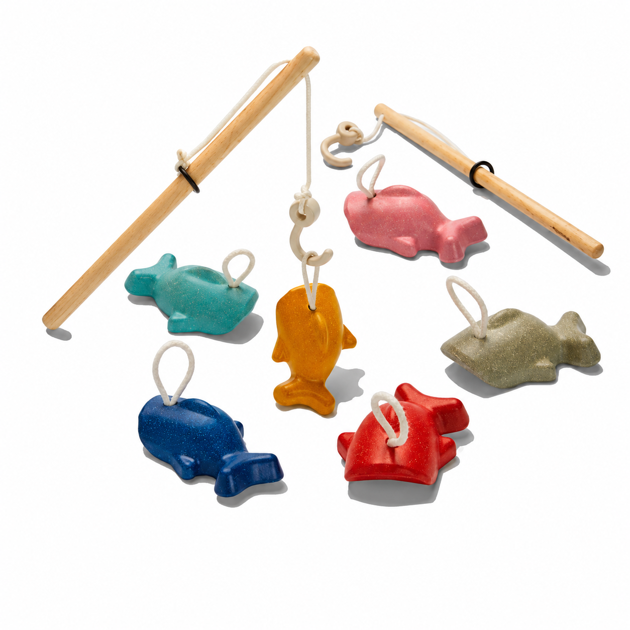 PlanToys fishing game with colorful wooden fish and fishing rods for children, educational and fun for developing motor skills.