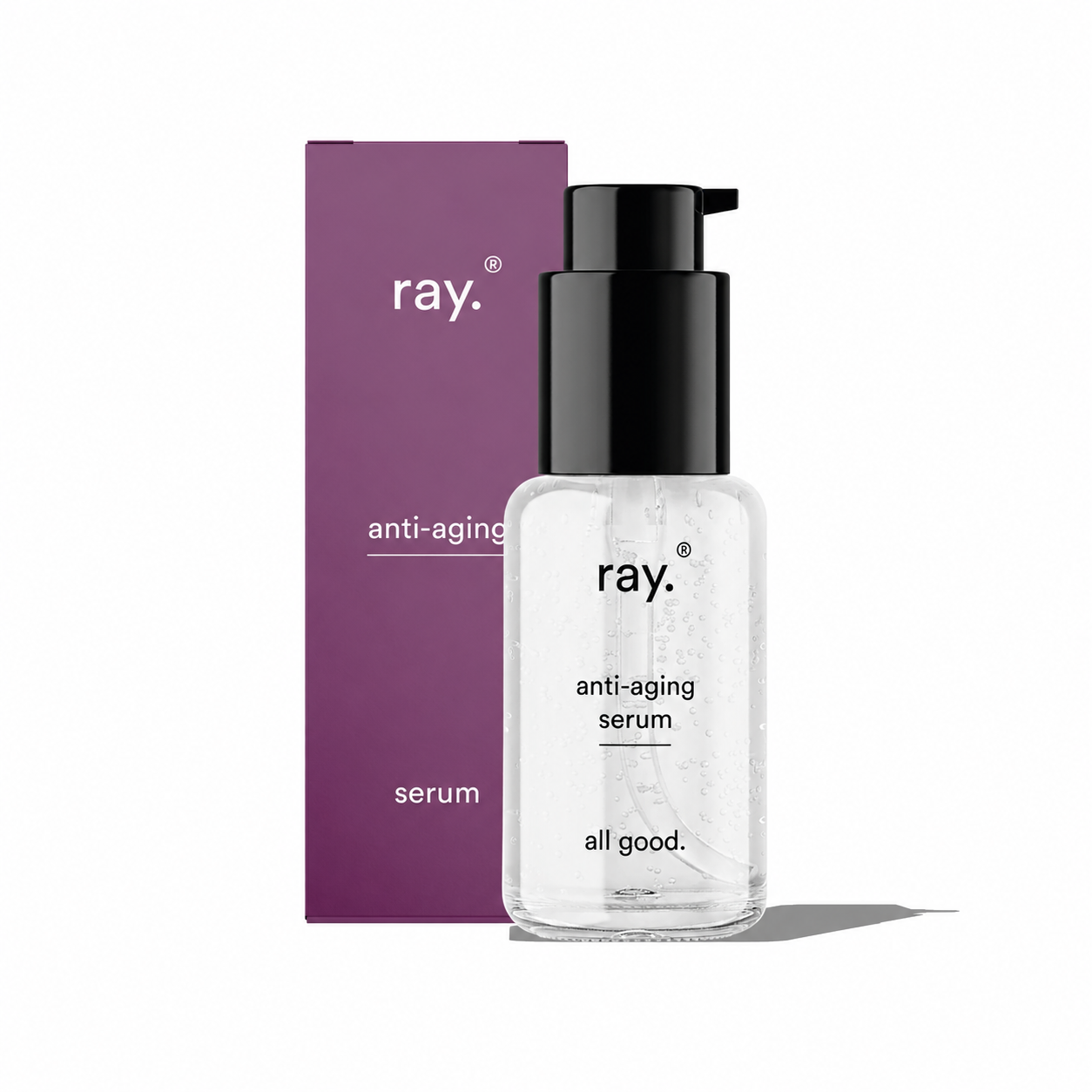 Ray anti-aging serum bottle with pump dispenser, featuring sleek packaging and clear labeling, on a neutral background.