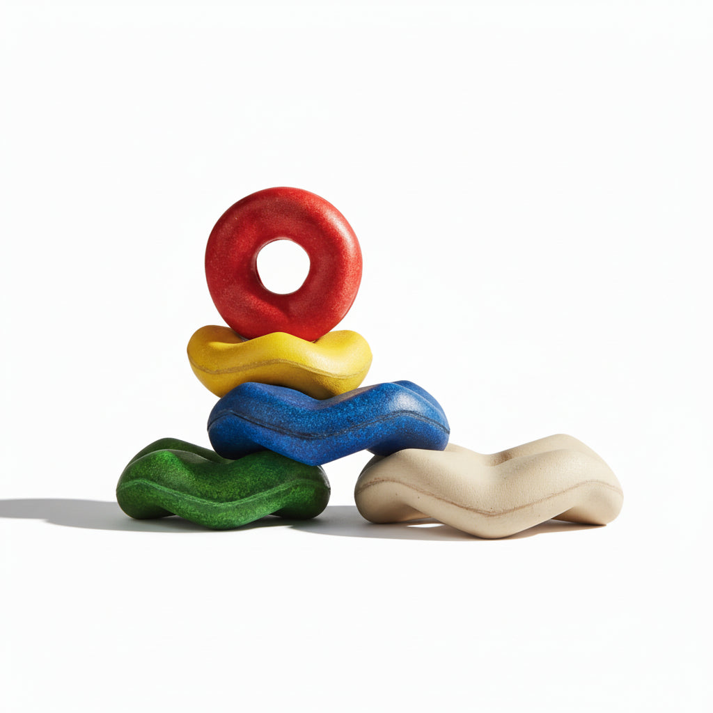 PlanToys Wave Stacker, colorful wooden stacking toy with wave and boat shapes for children's developmental play.