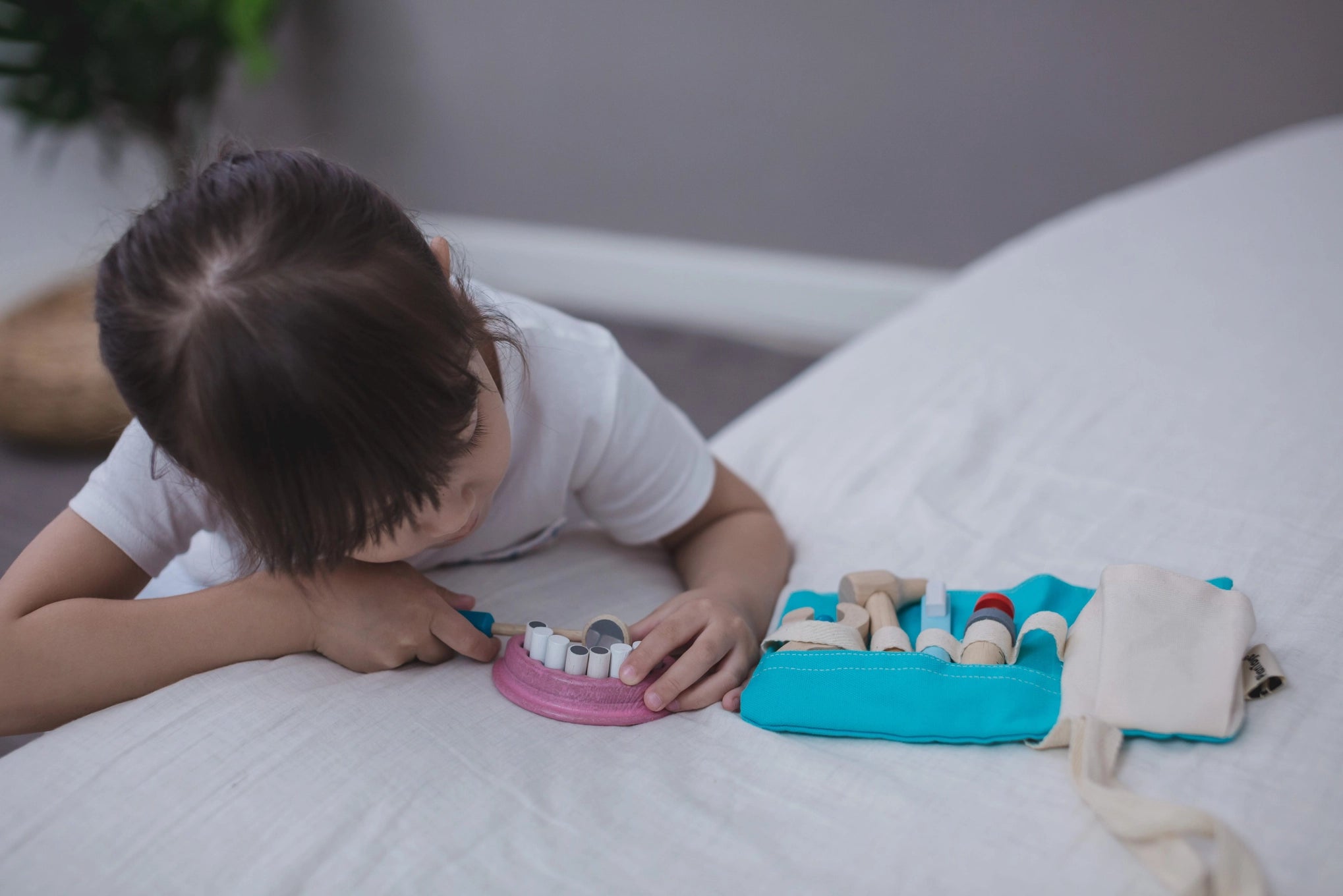 PlanToys dentist play set featuring toy dental tools, mirror, and accessories for imaginative dental role-play.