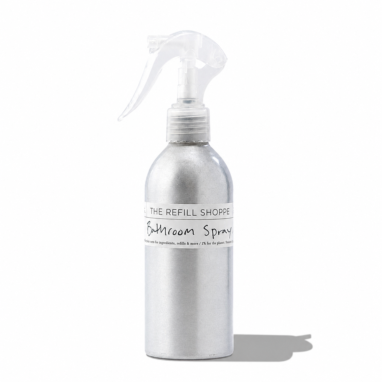 Home fragrance bathroom spray from The Refill Shoppe, featuring a sleek bottle with a calming scent for freshening up the space.