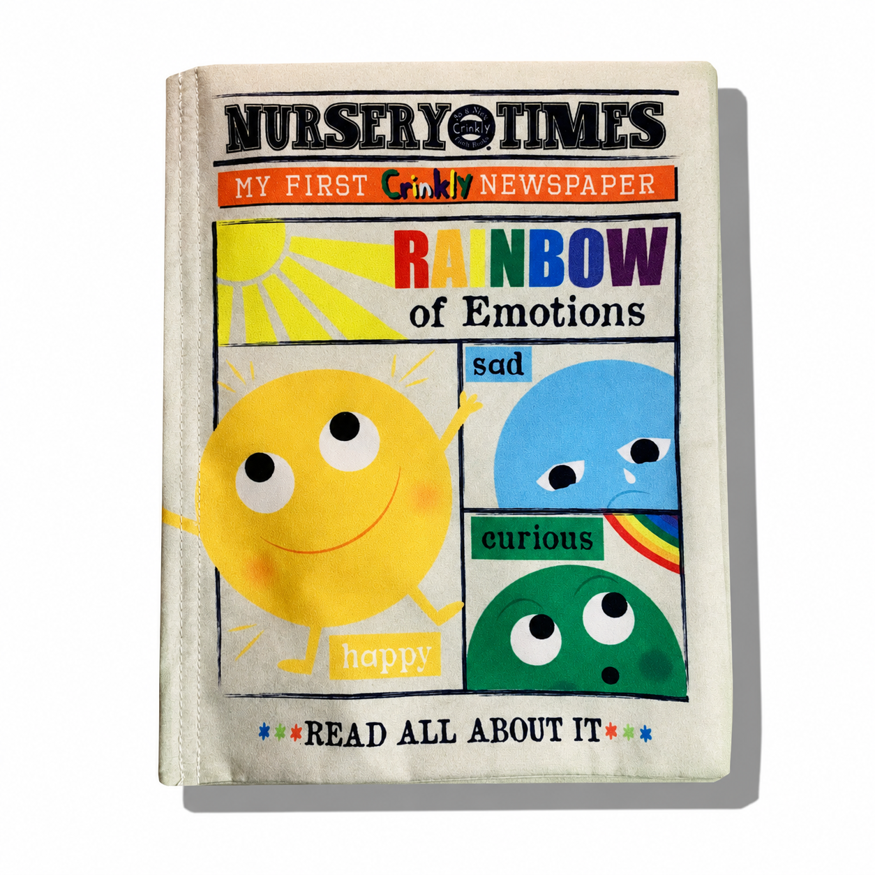 Colorful Crinkly Newspapers from Jo & Nic's Crinkly Cloth Books, featuring textured pages for sensory play and early learning.