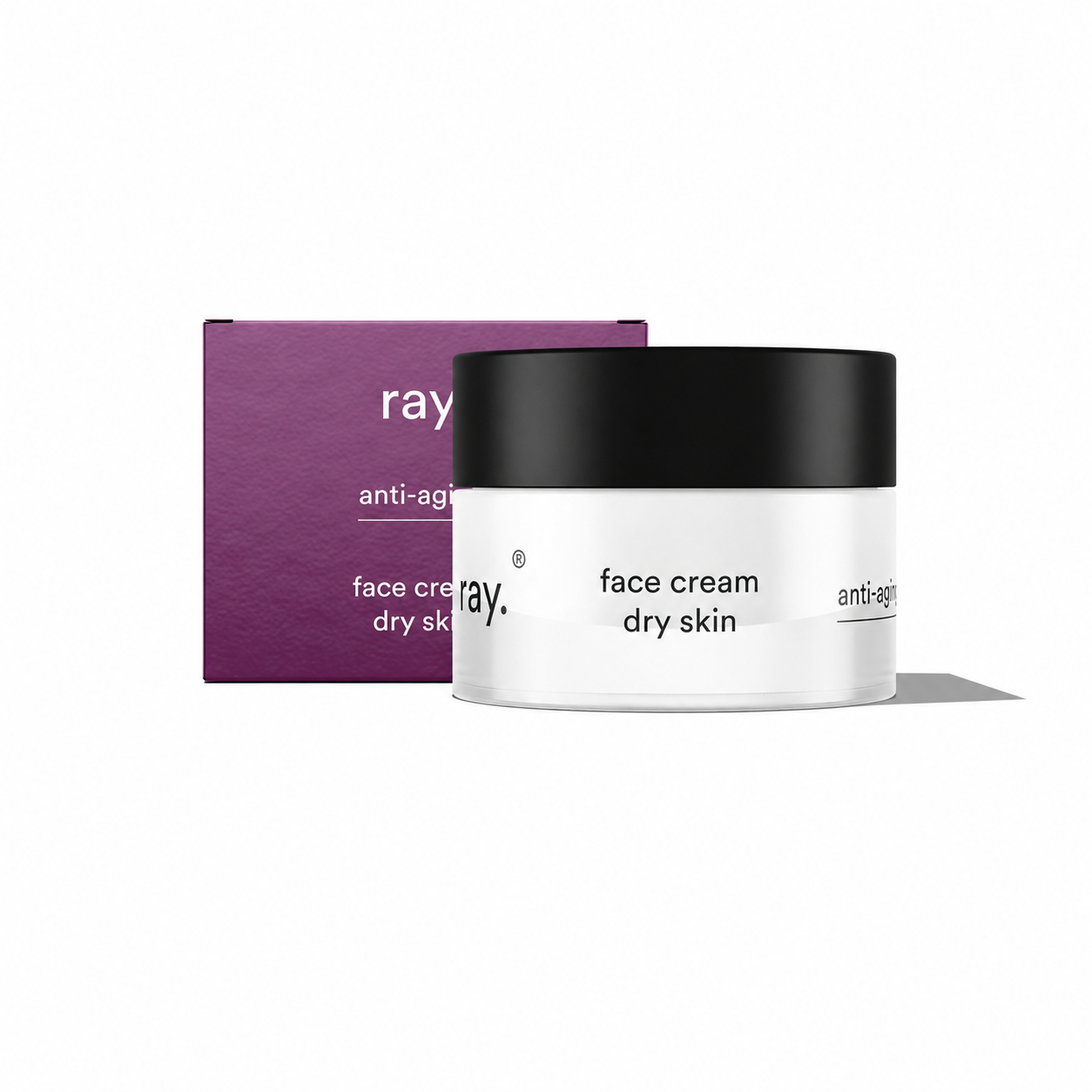 Ray Anti-Aging Cream for dry skin, featuring a smooth, creamy texture in a jar with a white lid and light blue packaging.