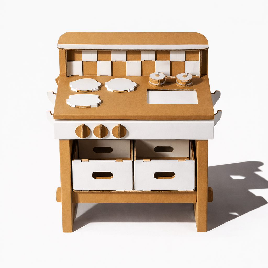 Papperlapapp Play Kitchen Tasty with colorful plastic stove, oven, and countertop, ideal for children's pretend play kitchen activities.