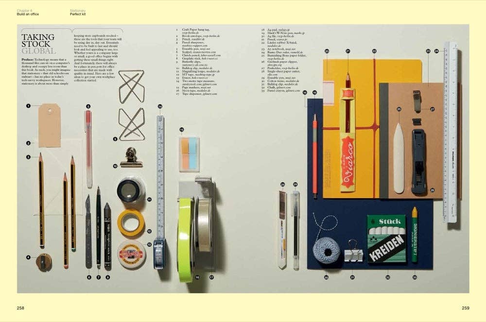 Open book titled "The Monocle Guide to Good Business" by gestalten & teNeues, showing colorful pages on a wooden table.