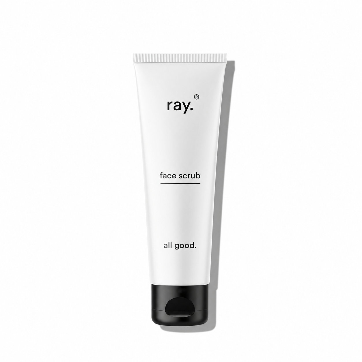 Ray face scrub with natural exfoliating beads, showing a tube of the skincare product with a white and green label.