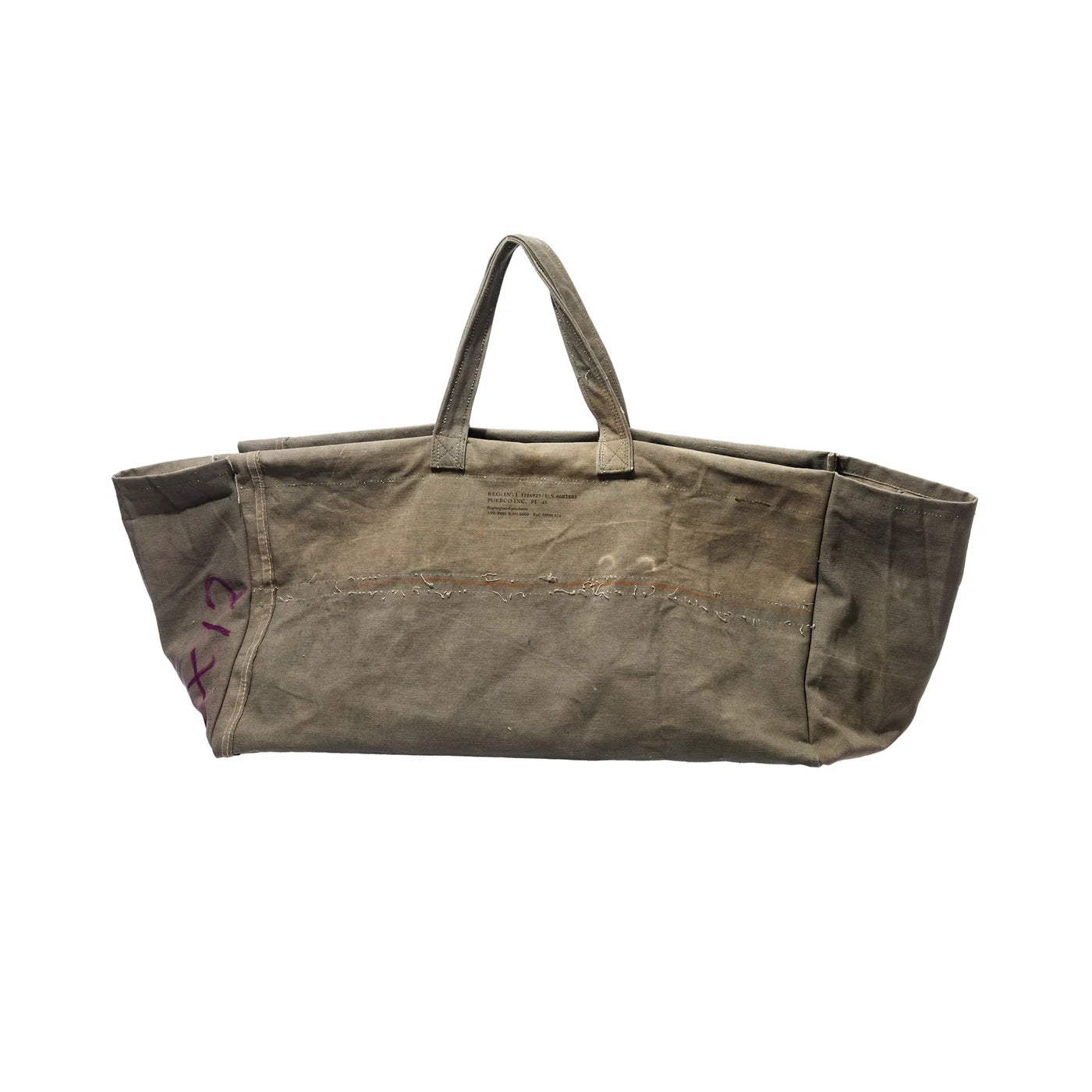 Large vintage tent fabric bag by Puebco, showcasing durable, rustic material with sturdy handles and spacious interior.