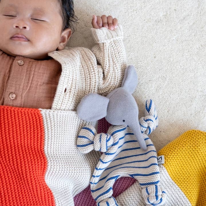 Soft baby cuddle cloth featuring an adorable elephant design by Sophie Home Ltd, perfect for infants and young children.
