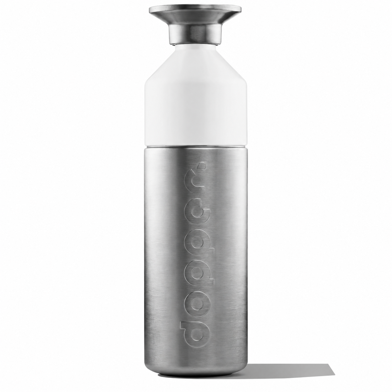 Dopper steel water bottle with sleek design and screw-top lid, ideal for staying hydrated on the go.