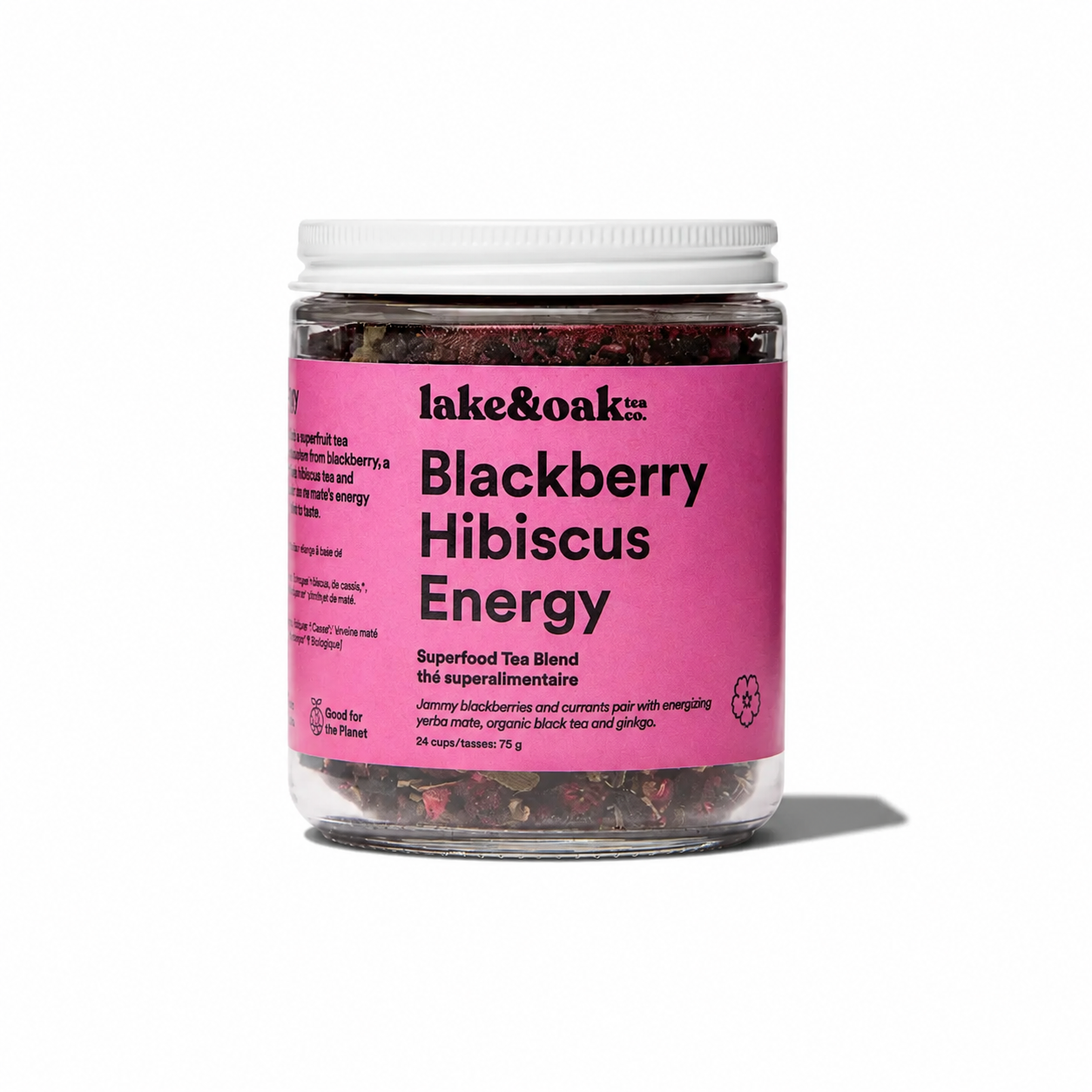 Blackberry Hibiscus Energy Tea from Lake & Oak Tea Co. with vibrant tea leaves and fresh blackberry and hibiscus ingredients.