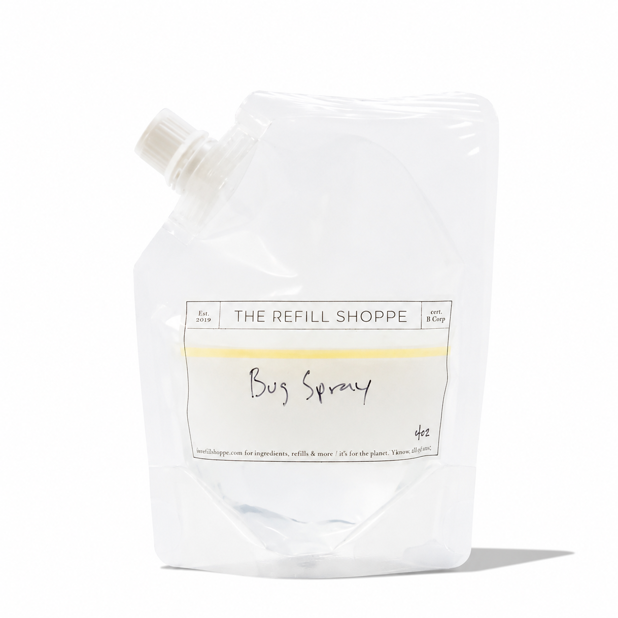 Natural bug spray bottle from The Refill Shoppe with a spray nozzle, designed to repel insects effectively.