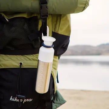 Dopper insulated thermos bottle with a sleek, stainless steel design and black lid, ideal for hot and cold beverages.