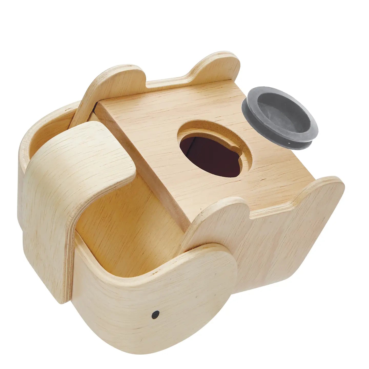 PlanToys elephant bank made of wood, featuring a cute elephant design with a coin slot on its back for saving money.