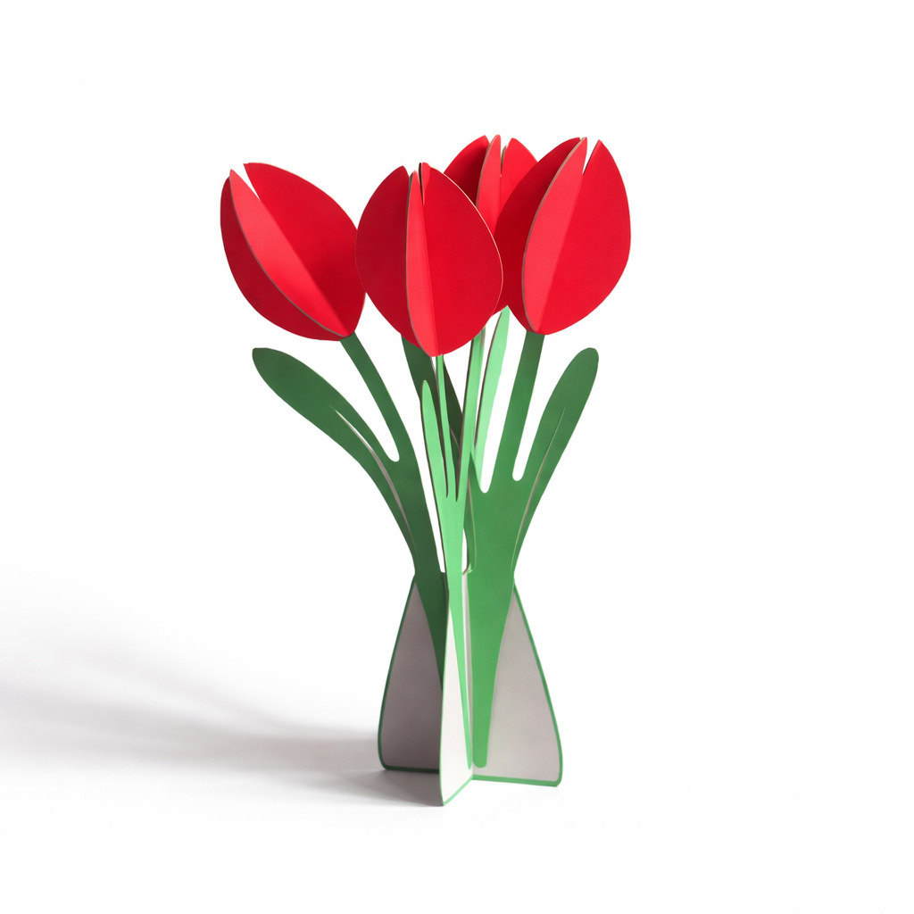 Colorful tulip-shaped card from cut&make, featuring vibrant floral design and decorative details on a white background.