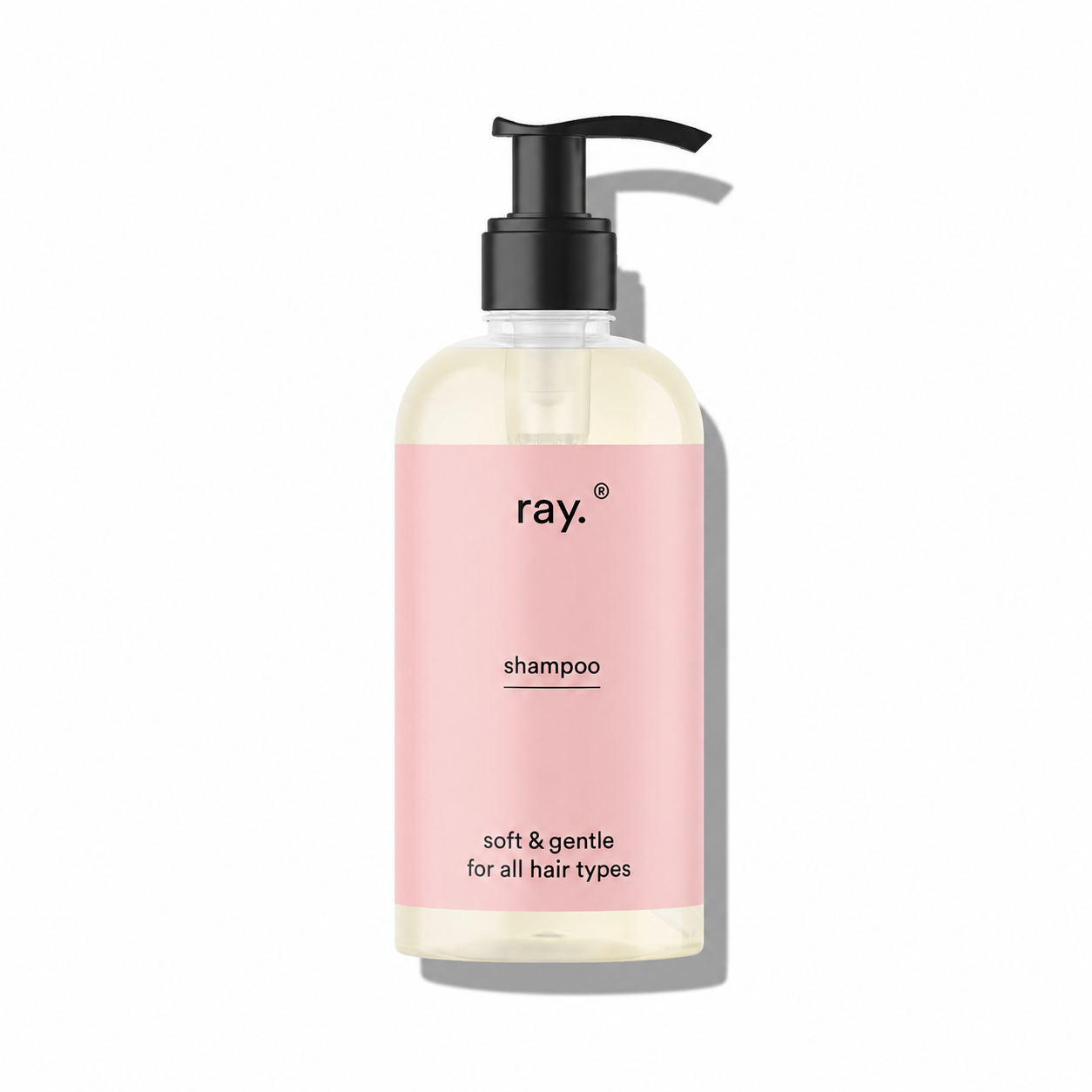Ray shampoo bottle with sleek packaging, featuring a pump dispenser and a label indicating hair care and cleansing properties