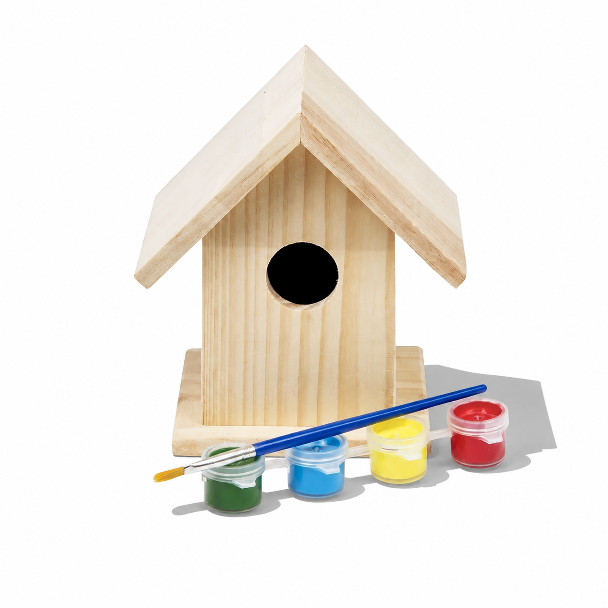 DIY Wooden Birdhouse by BS Toys with a small entrance hole, natural wood finish, designed for outdoor bird nesting.