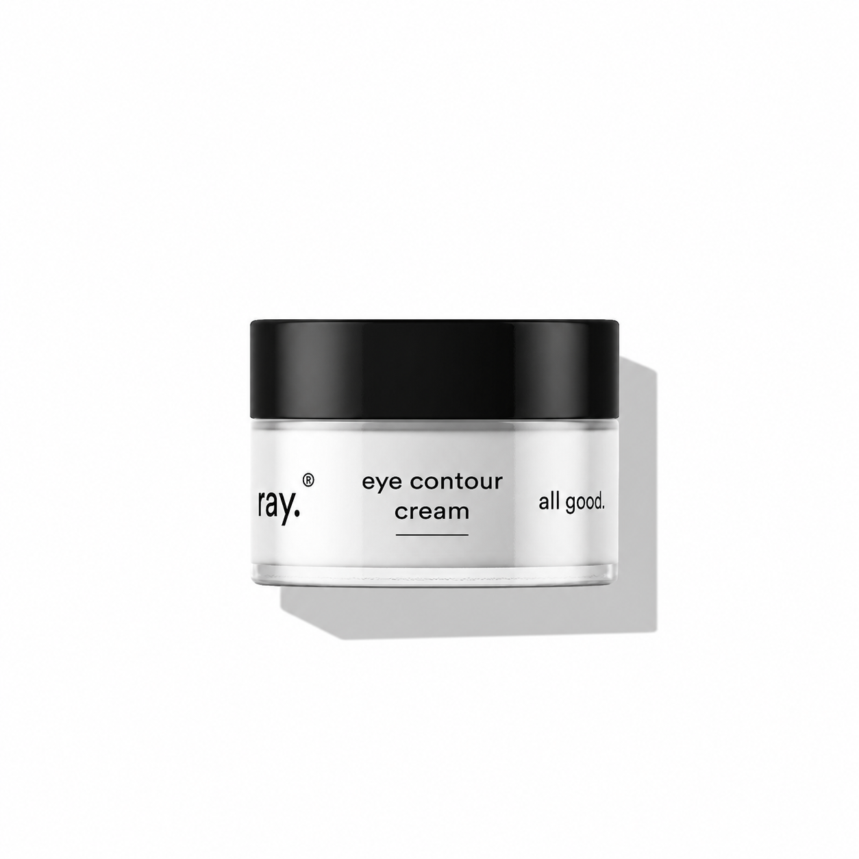 Ray Eye Contour Cream jar with smooth white cream visible, designed to reduce puffiness and dark circles around the eyes.
