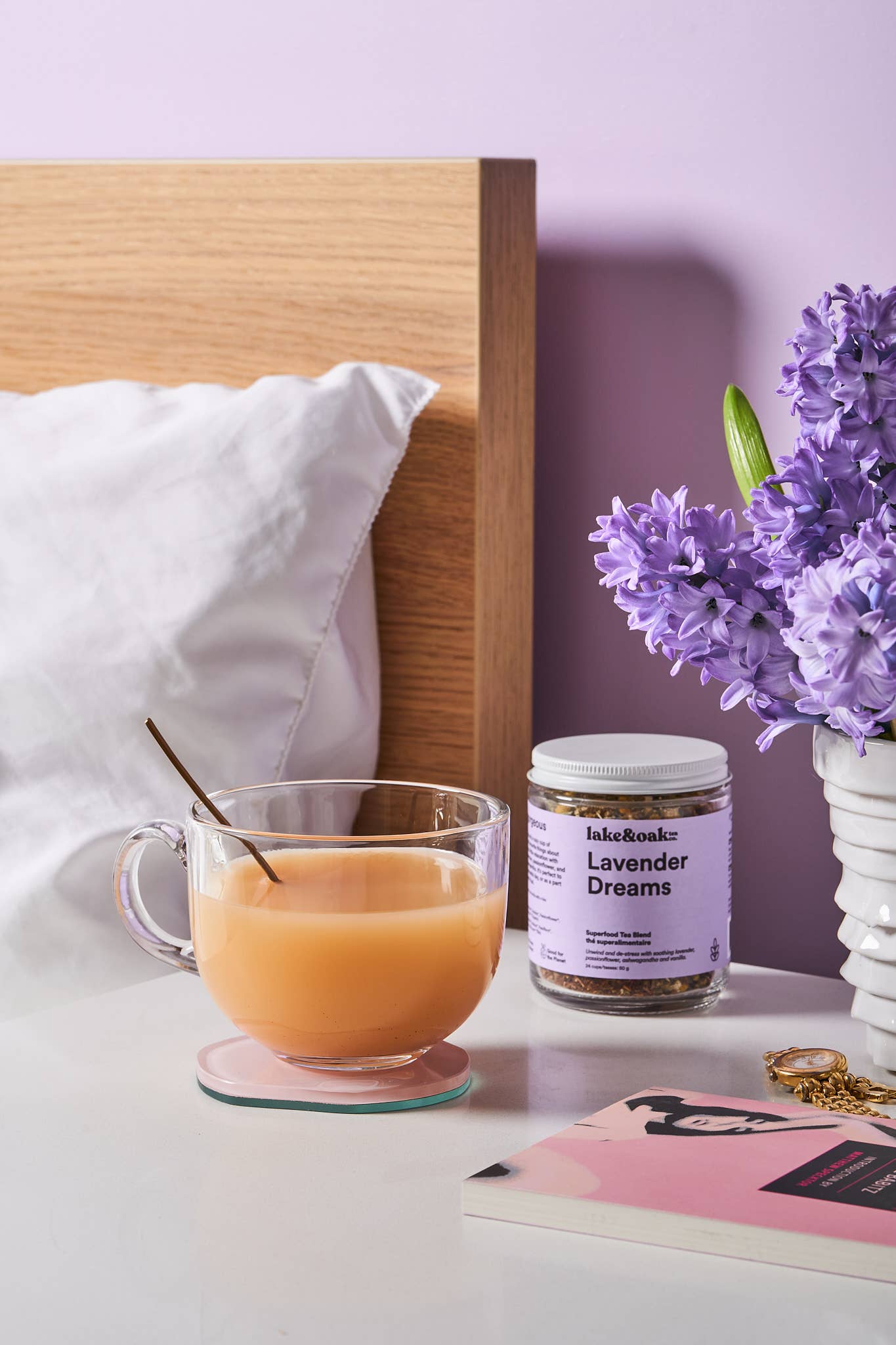 Lavender Dreams tea by Lake & Oak Tea Co. featuring dried lavender flowers and tea leaves in a natural, calming presentation.