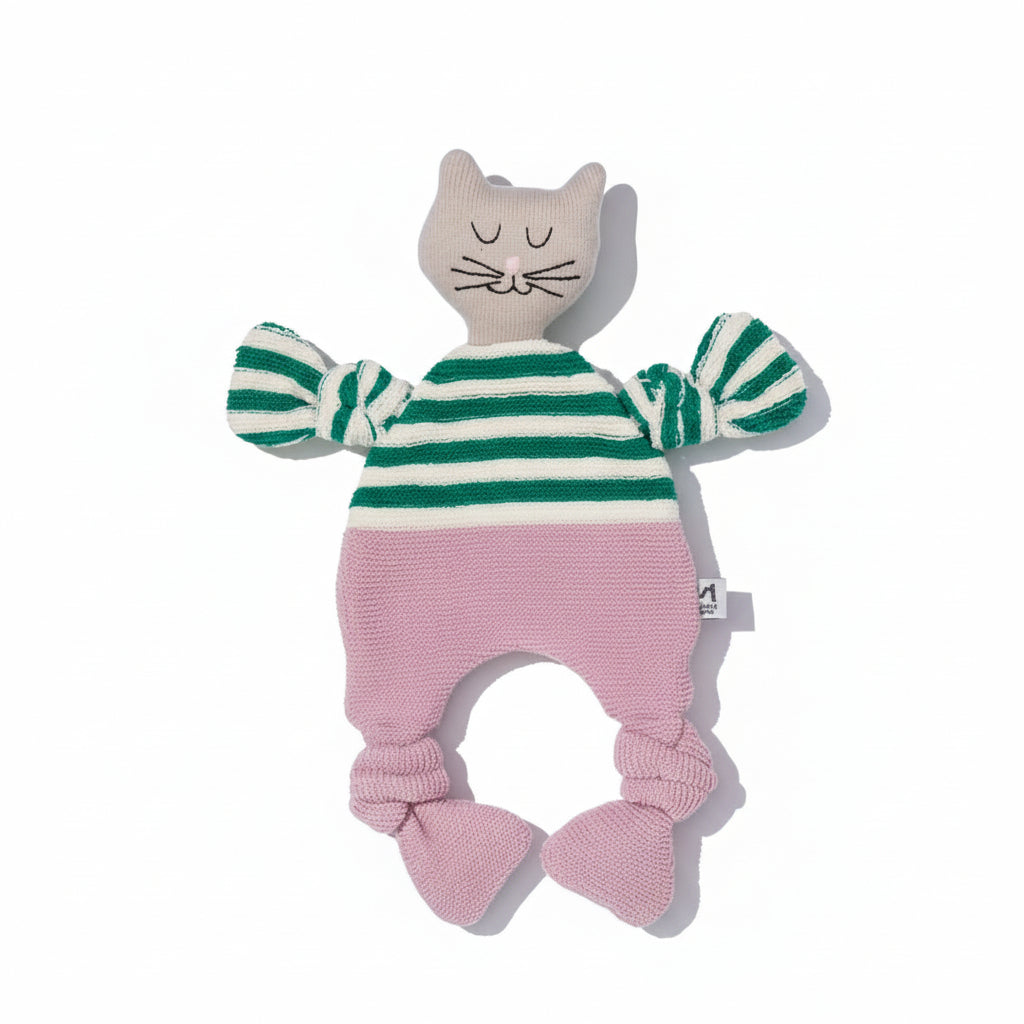 Soft baby cuddle cloth featuring a cute cat design from Sophie Home Ltd, perfect for gentle comfort and play.