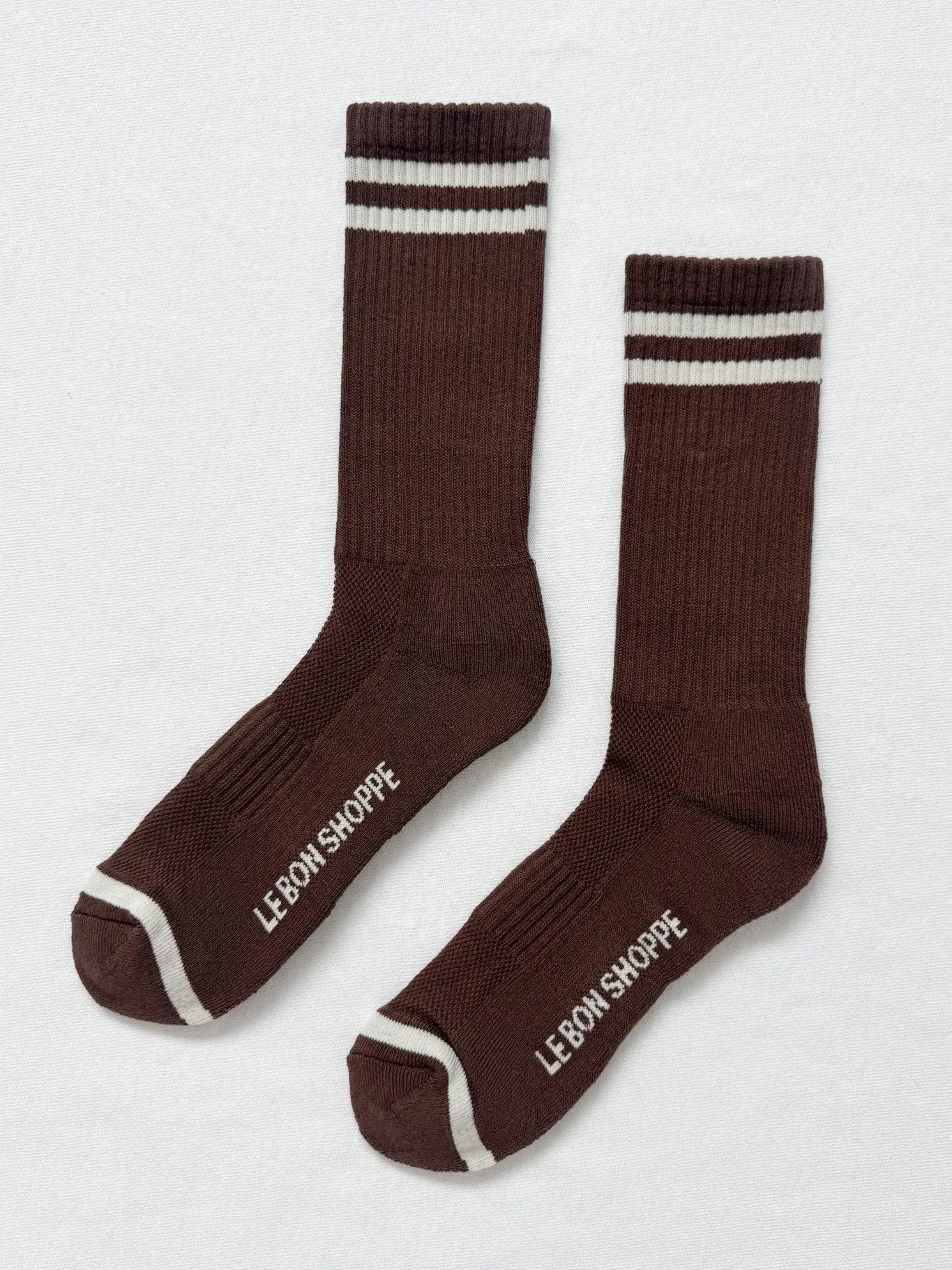 Le Bon Shoppe extended boyfriend socks in soft knit, featuring a relaxed fit and casual style, shown laid flat on a neutral background.