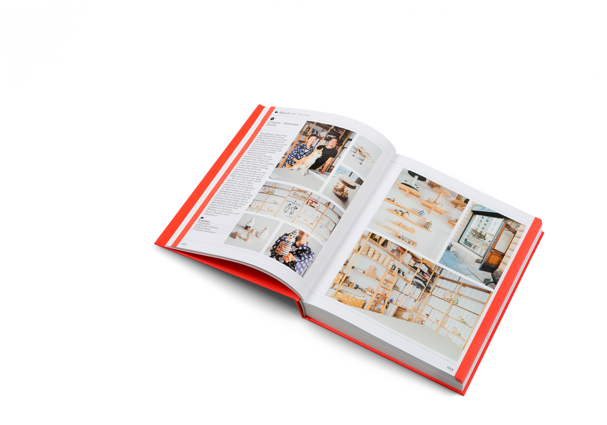 Open book titled "The Monocle Guide to Shops, Kiosks and Markets" by Gestalten & teNeues showing colorful market scenes.
