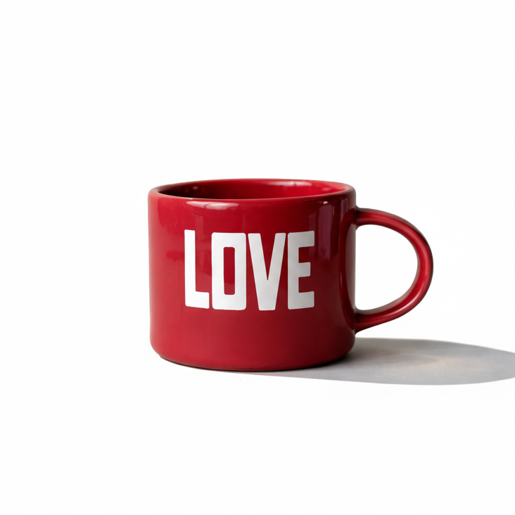Sisi House of Style Mug Love featuring a ceramic mug with a heart design and the word "Love" in stylish font.