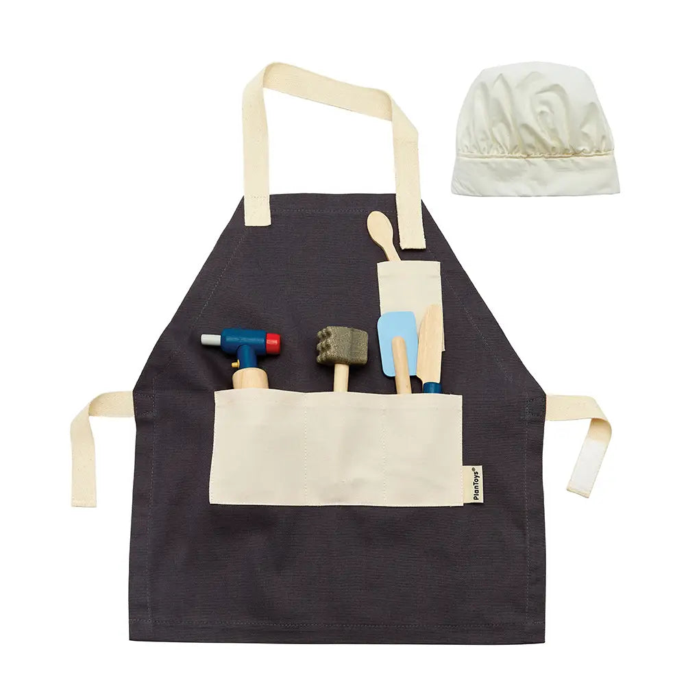 PlanToys Chef Play Set with colorful toy utensils, pots, and chef accessories, perfect for imaginative cooking play for children.