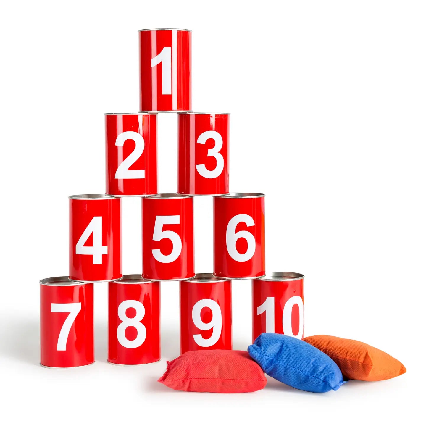 BS Toys tin can throwing game with colorful cans stacked on a surface for outdoor play and skill development.