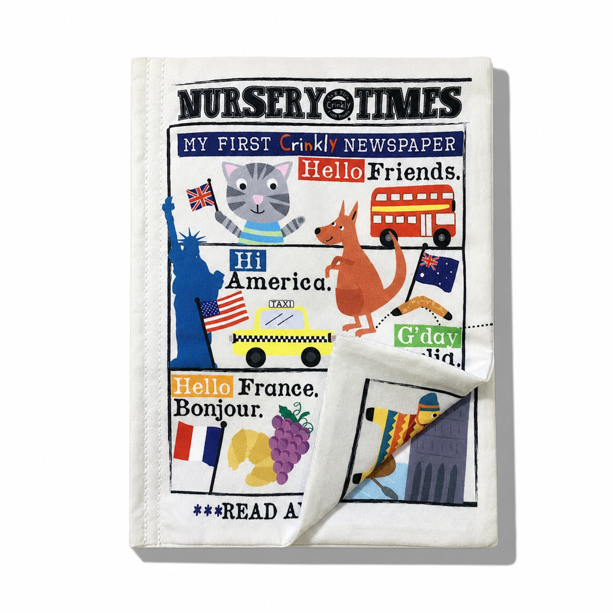 Jo & Nic's Crinkly Newspapers cloth book with colorful, textured pages designed for sensory exploration and early learning.