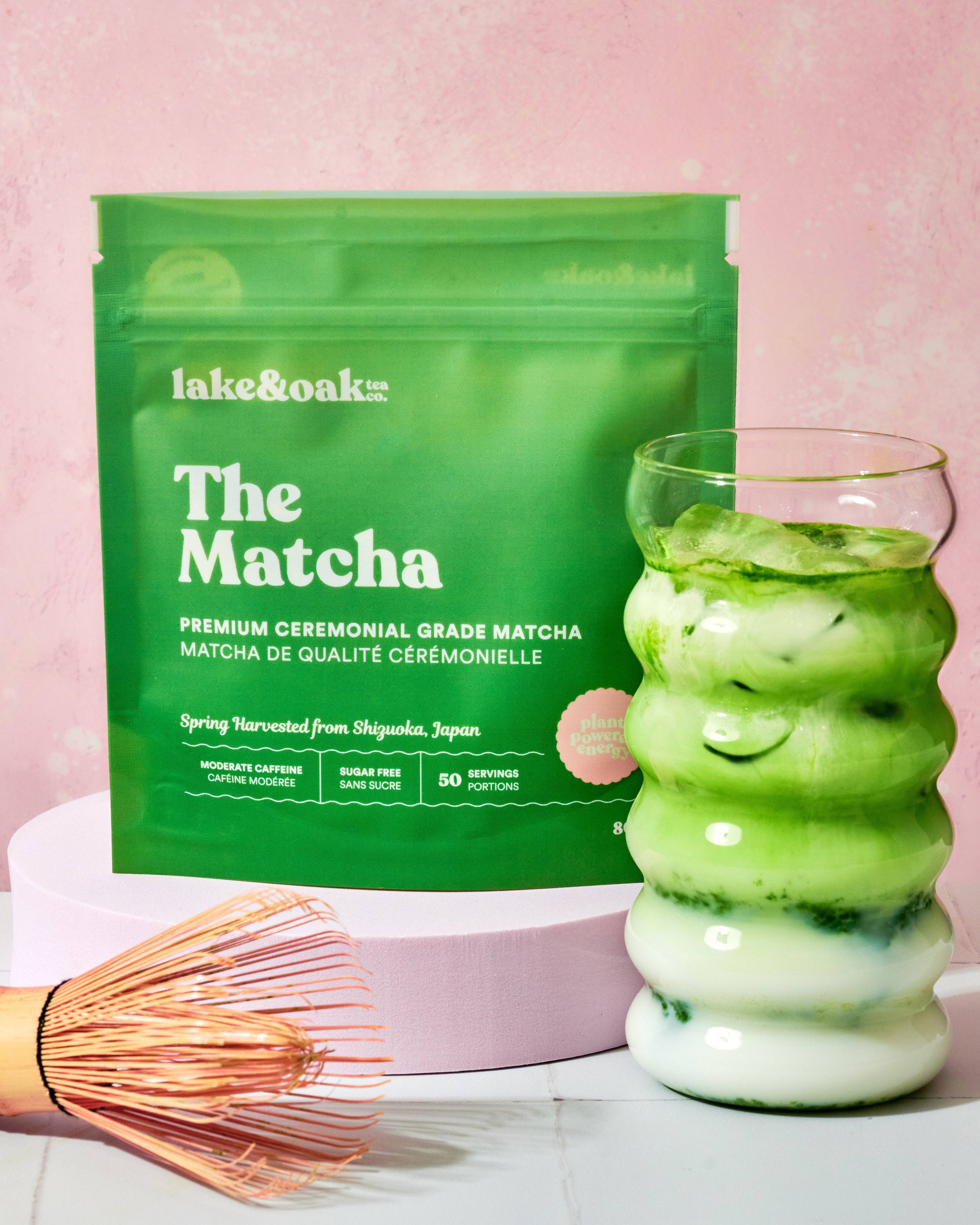 A package of Lake & Oak Tea Co. The Matcha, vibrant green powdered tea in a resealable bag.