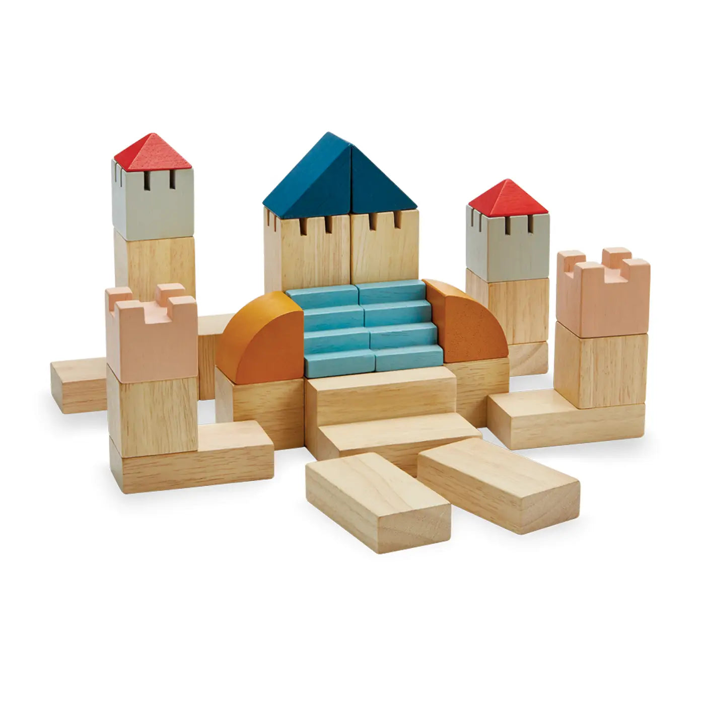 Colorful wooden creative play blocks by PlanToys arranged in a playful stack, ideal for children's imaginative building activities.