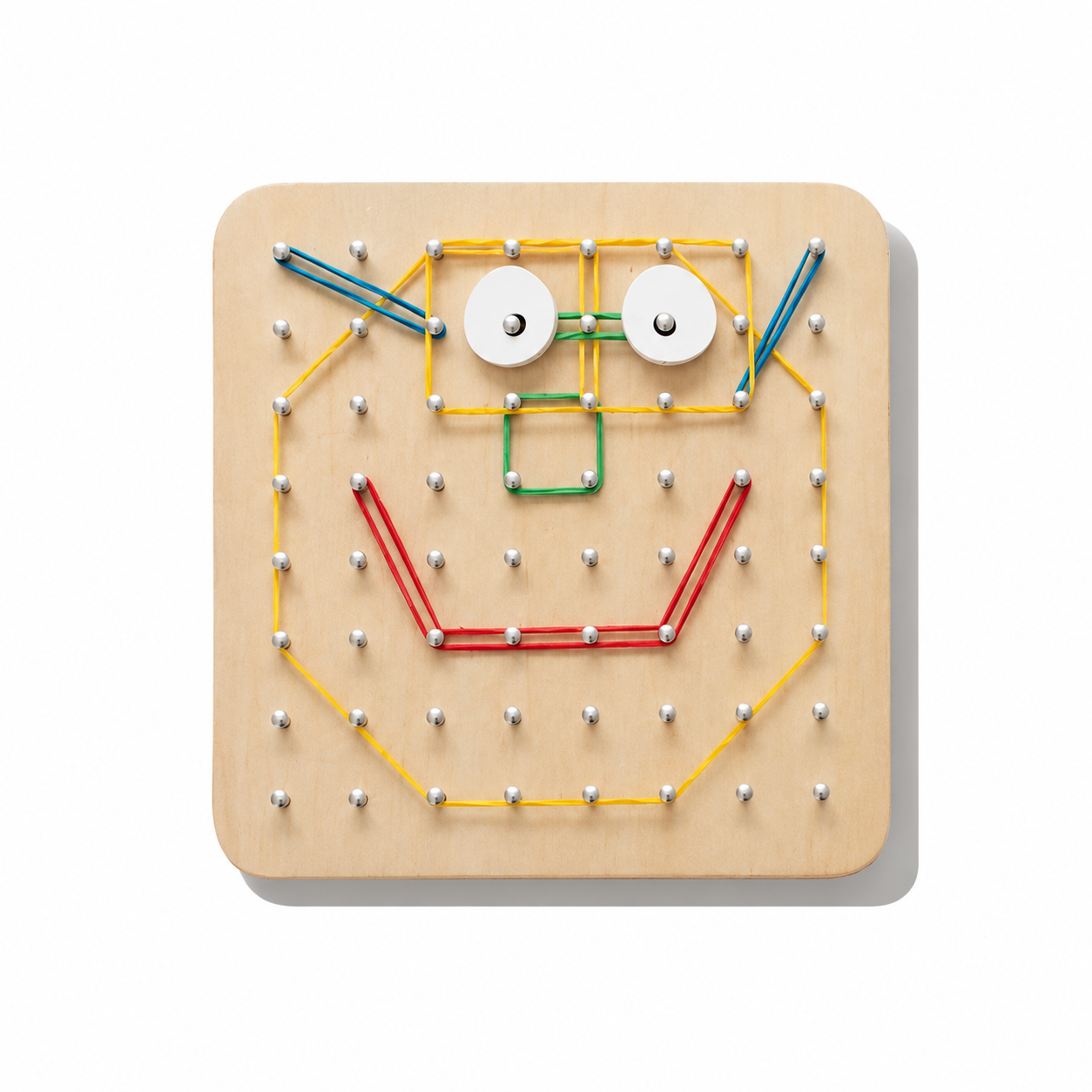 BS Toys geoboard with colorful rubber bands and wooden pegs, showcasing a creative educational activity for kids.