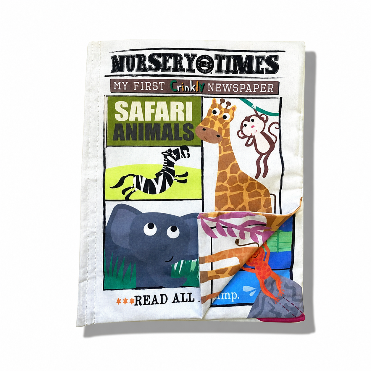 Colorful crinkly newspapers from Jo & Nic's Crinkly Cloth Books for sensory play and early learning.