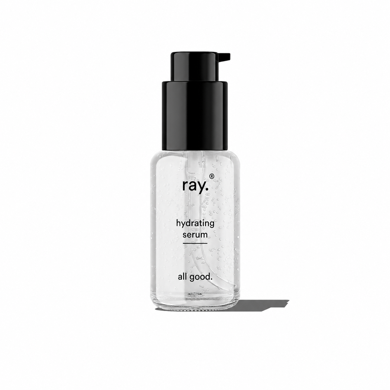 Ray Hydrating Serum in a clear glass bottle with a pump dispenser, showcasing a smooth, lightweight formula for skin hydration.