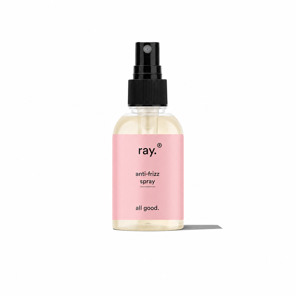 Ray Anti-Frizz Spray bottle with spray nozzle, designed to smooth and tame frizzy hair for a sleek, polished look.