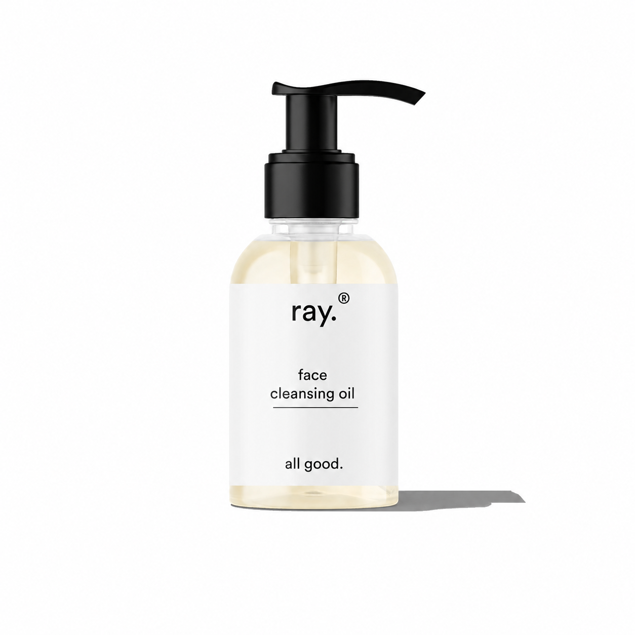 Ray face cleansing oil bottle with pump dispenser, clear liquid, and minimalist packaging for gentle facial cleansing.