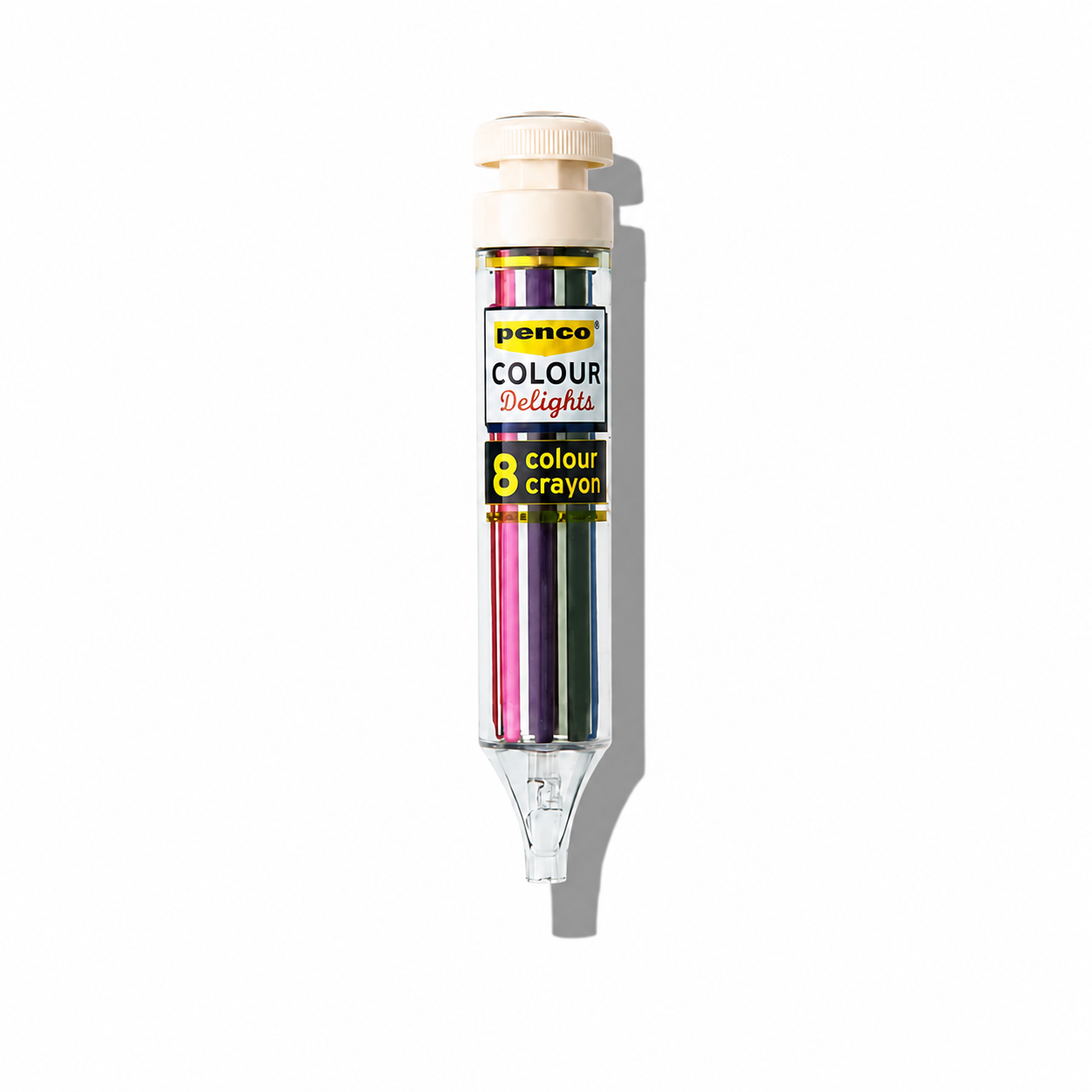 Set of 8 colorful Penco crayons for drawing and coloring, featuring white crayon and vibrant hues in a compact package.