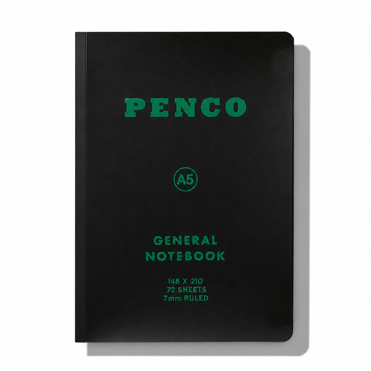 Penco Soft PP Notebook A5 ruled, white cover with black binding, open to show lined pages for note-taking and organization.