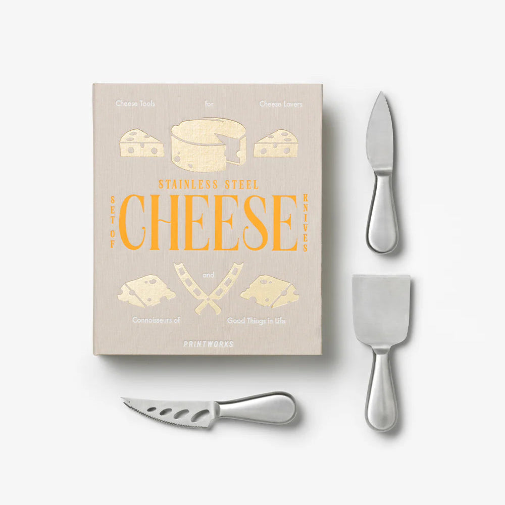 Printworks gift set of cheese tools including cheese knives, forks, and spreader, perfect for cheese lovers and entertaining.